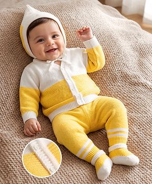 Babyhug Knit Full Sleeves Striped Sweater Set With Cap & Booties - Yellow