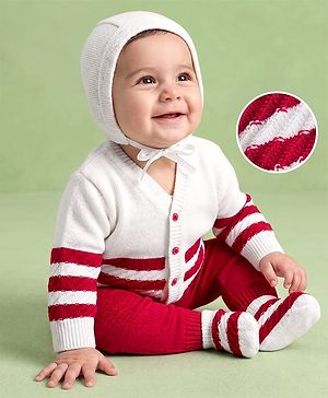 Babyhug Knit Full Sleeves Striped Sweater Set with Cap and Booties - White & Red