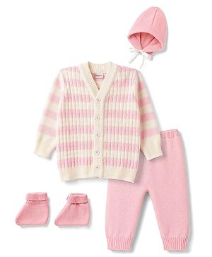 Babyhug Knit Full Sleeves Striped Sweater Set with Cap and Booties - White & Pink