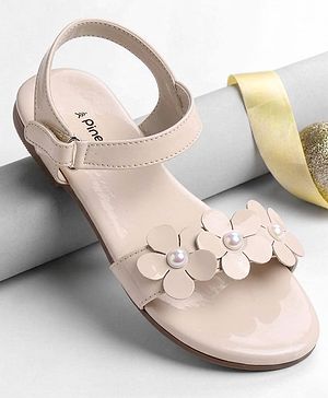 Pine Kids Velcro Closure Sandals With Floral Applique - Beige