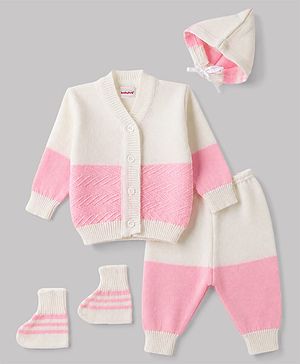 Babyhug Knit Full Sleeves Striped 4 Piece Sweater & Pant Set With Cap & Booties - Pink