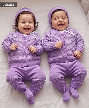 Babyhug Knit Full Sleeves Solid Textured Sweater Set With Booties & Cap - Purple