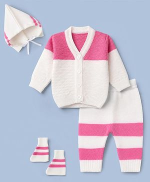 Babyhug Knit Sweater Set and Cap with Full Sleeves and Color Block in Pink