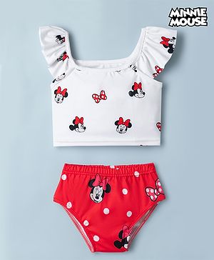 Babyhug Disney  Sleeveless Two Piece Swimsuit With Minnie Mouse Family Graphic - White