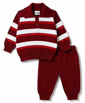 Babyhug Knit Full Sleeves Striped Sweater & Pant Set - Maroon