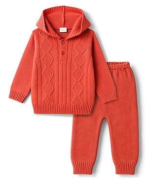 Babyhug Knitted Full Sleeves Hooded Sweater Set - Red