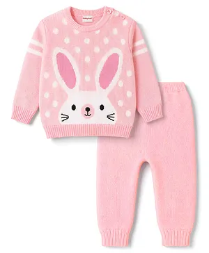 Babyhug Knitted Full Sleeves Sweater
                              Set With Bunny Print - Pink