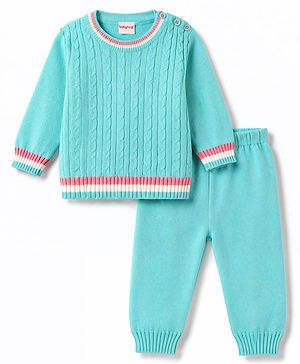 Babyhug Knitted Full Sleeves Solid Sweater Set with Cable Knit Design - Light Blue