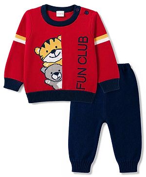 Babyhug Knitted Full Sleeves Sweater Set With Animal Design - Red