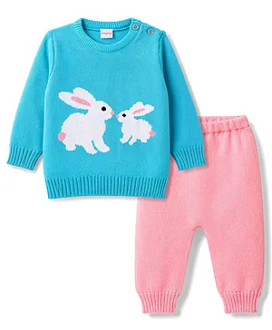 Babyhug Knitted Full Sleeves Sweater Set With Bunny Design - Light Blue