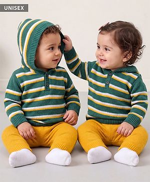 Babyhug Knit Full Sleeves Striped Hooded Sweater Set - Dark Green & Yellow