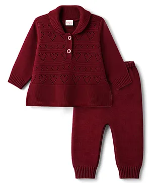 Babyhug Knitted Full Sleeves Sweater Set - Wine