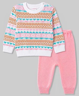 Babyhug Knitted Full Sleeves Sweater Set With Floral Design - Pink