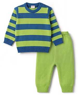 Babyhug Knitted Full Sleeves Striped Sweater Set - Green