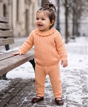 Babyhug Knitted Full Sleeves Sweater Set - Peach