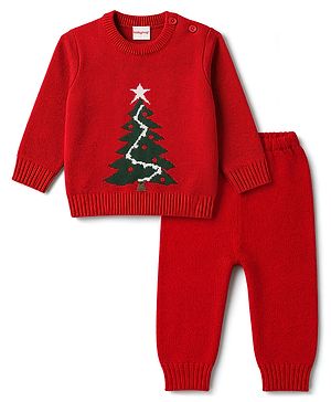Babyhug Knitted Full Sleeves Sweater Set With Christmas Tree Design - Red