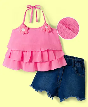 OLLINGTON ST. Chiffon Woven
                              Sleeveless Top & Denim Shorts With
                              Floral Applique - Pink & Navy Blue