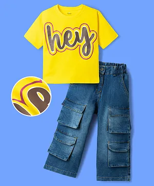OLLINGTON ST. Cotton Knit Half Sleeve
                              Top With Text Print & Denim Culottes-
                              Yellow & Navy Blue