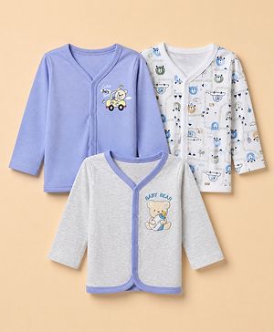 Babyhug 100% Cotton Interlock Knit Full Sleeves Jhablas with Cute Baby Bear Embroidery and Bear Travel Print Pack of 3 - White, Light Grey, Lavender