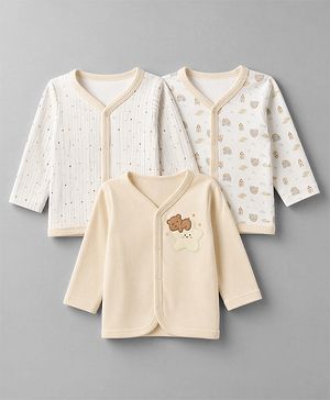 Babyhug 100% Cotton Knit Full Sleeves Striped Jhablas With Patch Pack Of 3 - White