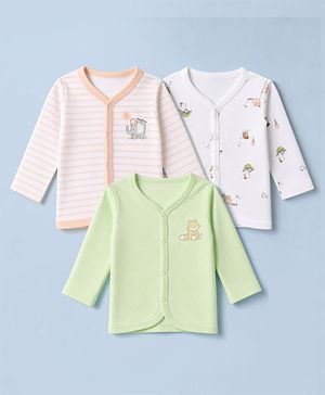 Babyhug 100% Cotton Knit Full Sleeves Striped Jhablas with Animal & Farm Print Pack of 3 - Peach , Green & White