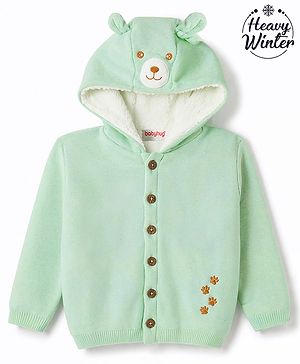 Babyhug Knit Full Sleeves Bear & Paw Embroidered Hooded Sweater - Mint
