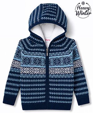 Babyhug Knit Full Sleeves Hooded Sweater With Floral Design - Navy Blue