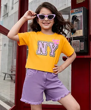 OLLINGTON ST. Sinker Knit Half
                              Sleeves Top & Shorts Set With Text
                              Print - Yellow & Lavender