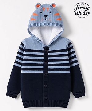 Babyhug Knit Hooded Sweater with Stripes & Tiger Design with Ear Applique - Blue