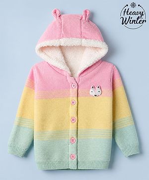 Babyhug Knit Front Open Full Sleeves Hooded Sweater with Fox Applique and Color Block - Yellow