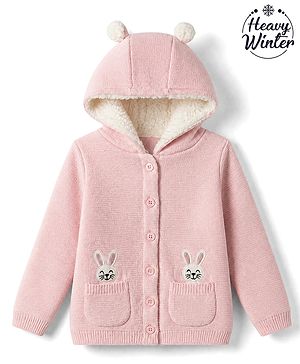Babyhug Knit Full Sleeves Hooded Sweater With Bunny Patch - Pink