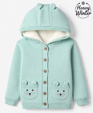 Babyhug Knit Front Open Hooded Sweater with Full Sleeves and Mouse Pockets with Applique - Sea Green