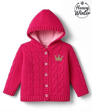 Babyhug Cable Fur- Lined Knit Full Sleeves Hooded Sweater with Crown Patch - Dark Pink