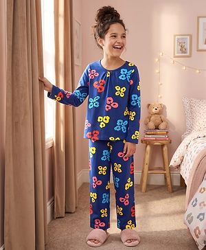 Pine Kids Cotton Knit Full Sleeves T-Shirt & Pyjama Co-ord Night Suit with Leopard Print - Navy Blue