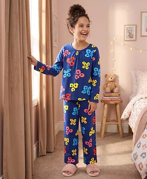 Pine Kids Cotton Knit Full Sleeves
                              T-Shirt & Pyjama Co-ord Night Suit
                              with Leopard Print - Navy Blue