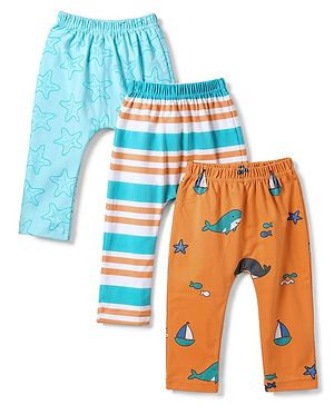 Babyhug Cotton Interlock Knit Full Length Diaper Leggings With Sea Life Print Pack of 3 - Multicolor