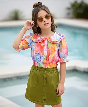 OLLINGTON ST. Sinker Knit Full
                              Sleeves Peter Pan Collared Top & Skirt
                              Set With Floral Print - Multicolor