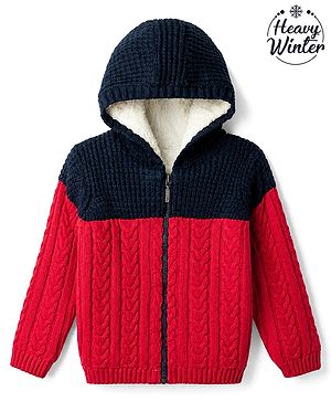 Babyhug Fur- Lined Knit Full Sleeves Hooded Sweater with Colour Block Design - Red