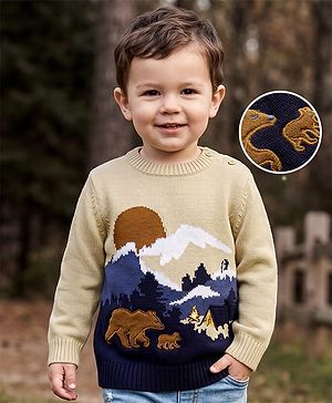 Babyhug Knit Full Sleeves Bear Embroidered Pullover Sweater - Beige