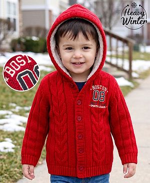 Babyhug Knit Full Sleeves Hooded Text Printed Sweater With Cable Knit - Red