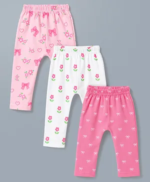 Babyhug Cotton Knit Full Length Diaper Leggings WIth Floral & Bow Print Pack of 3 - Multicolor