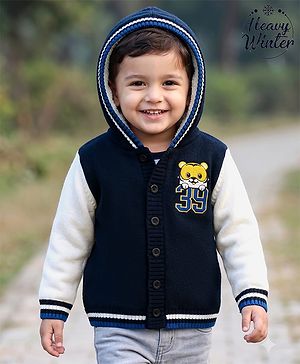 Babyhug Fur- Lined Knit Full Sleeves Tiger Embroidered Hooded Sweater - Navy Blue