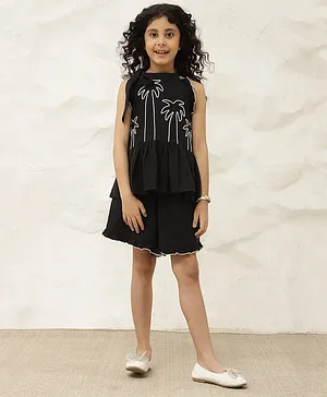 Bugandbees Cotton Woven Sleeveless
                              Trees Embroidered Top & Shorts Set -
                              Black