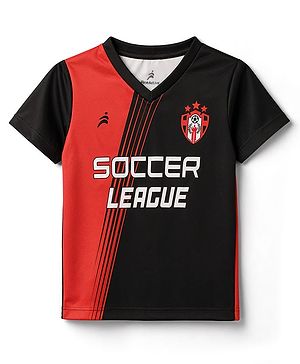Pine Active Knit Half Sleeves T-Shirt With Text Print - Red & Black