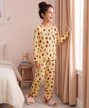 Pine Kids Cotton Knit Full Sleeves Top & Pyjama Co-ord Night Suit with Strawberry Print - Yellow