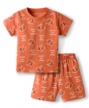 CUCUMBER Knit Half Sleeves T-Shirt
                              & Shorts Co-ord Set with Surfing Print
                              - Rust Orange