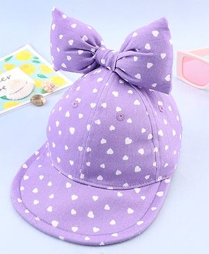 Babyhug 100% Cotton Woven Summer Cap With Bow Applique & Heart Print Lilac - Diameter 21.5 cm