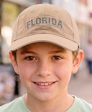 Babyhug 100% Cotton Woven Text Embroidered Baseball Cap Light Brown - Diameter 19 cm