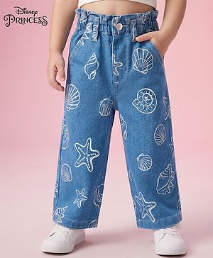 Babyhug Disney Denim Woven Full Length Jeans With Disney Princess Graphics - Blue