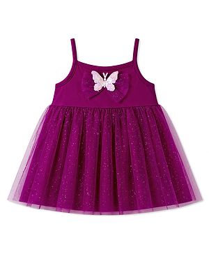 Babyhug Single Jersey Singlet One Piece Glittery Frock with Bow & Butterfly Applique - Wine